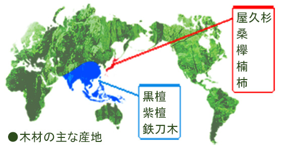 地図　木材の主な産地